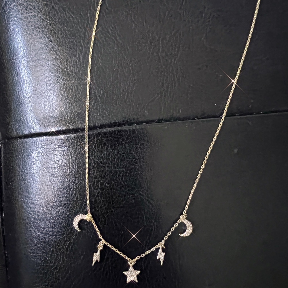 18K White Gold Plated Moon Charm Necklace With Zirconia Diamond Accent Pendant